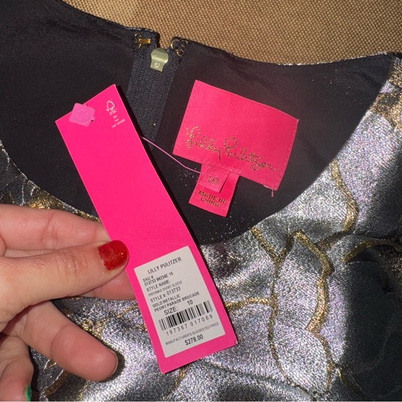 Lilly Pulitzer Priyanka Short Sleeve Dress In Gold Metallic Peony Parade Brocade - Picture 12 of 17